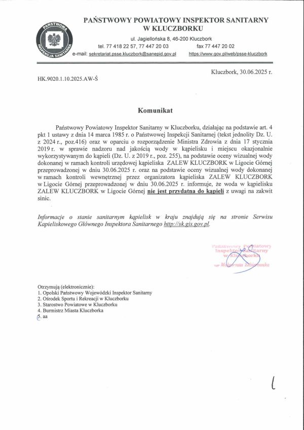 Komunikat z dnia 30.06.2025 r. o braku przydatności wody do kąpieli - kąpielisko ZALEW KLUCZBORK