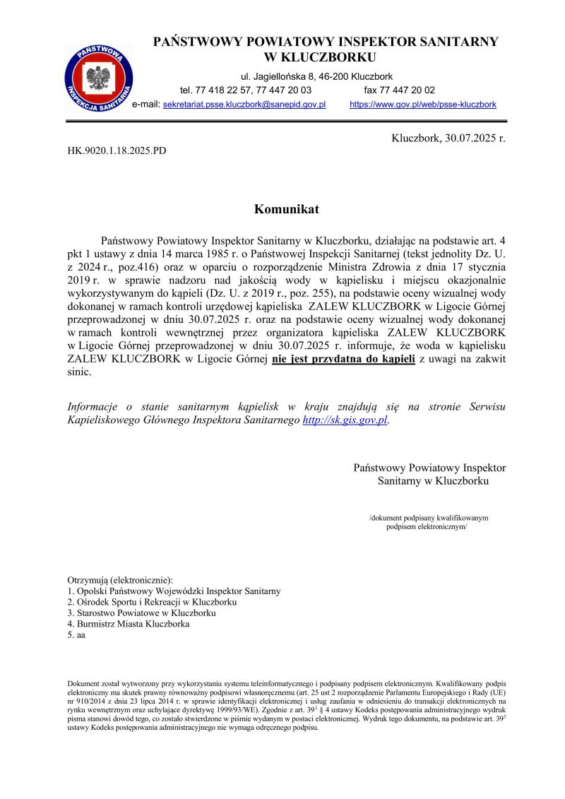 Komunikat o braku przydatności wody da kąpieli_30_07_25- kąpielisko ZALEW KLUCZBORK