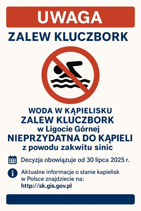 Komunikat – Zakaz kąpieli w Zalewie Kluczbork